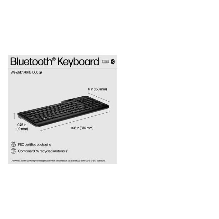 HP Compact Bluetooth keyboard supporting up to three devices, full-size layout, spill-resistant design, long battery life. 19