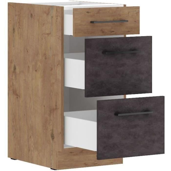 ROCK - Mueble cacerola - 3 cajones - 40 cm - Roble Lancelot y gris matera - CUISINIER 1