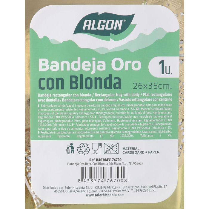 Bandeja Rectangular Oro con Blonda 26x35 cm - Algon (30 Unidades) 1 Bandeja Rectangular Oro con Blonda 26x35 cm - Algon (30 Unidades) 1