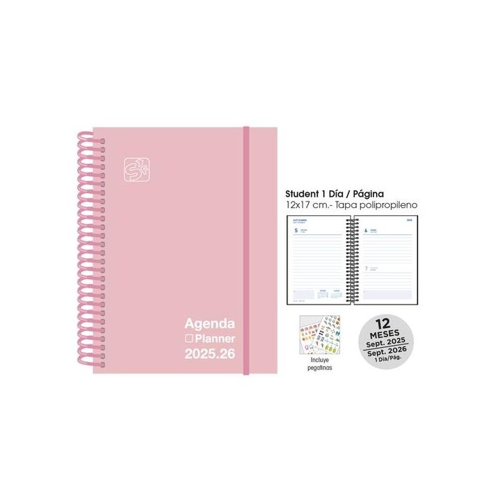 Agenda Escolar (2025-26) Senfort Catalan Student Unicolor Espiral Tapa Pp Con Goma 120X170 D/P Pastel Rosa