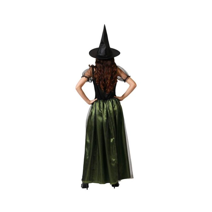 Disfraz Bruja Mujer Adulta Talla XL - Vestido Largo Verde Satinado con Mangas Vaporosas y Sombrero Puntiagudo para Halloween 2
