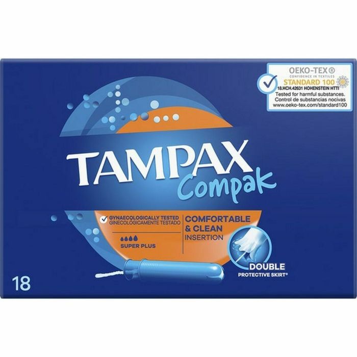 Tampax Compak Tampón Super Plus 18 unidades con Aplicador Suave y Compacto, Falda Protectora y 8h Protección para Flujo Abundante
