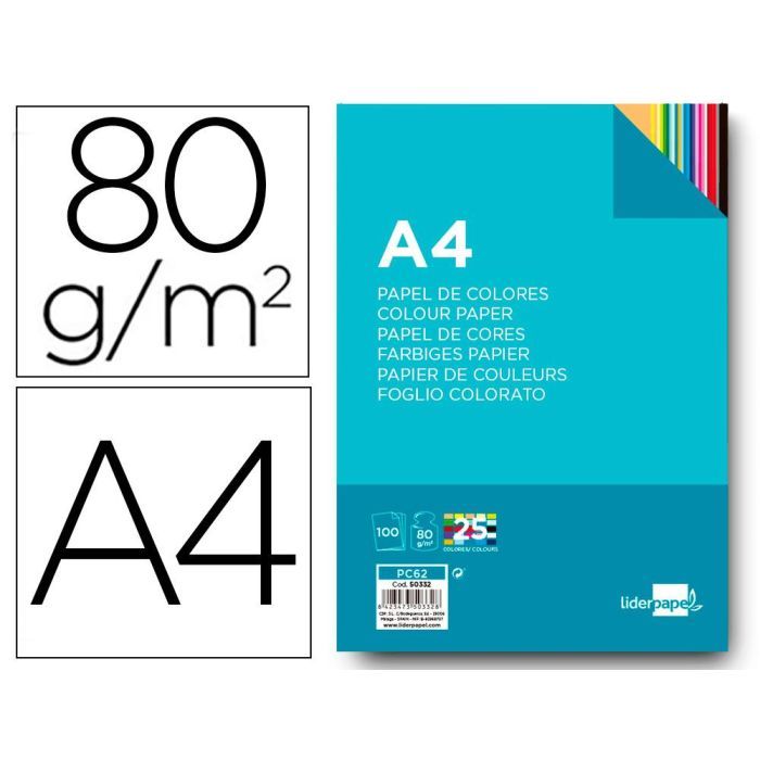 Papel Color Liderpapel A4 80 gr 25 Colores Surtidos Paquete De 100 Hojas