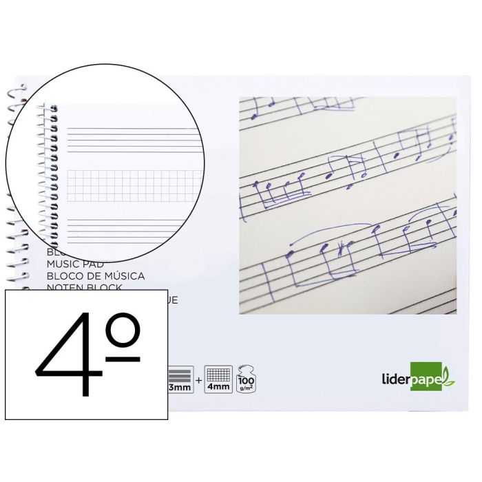 Bloc Musica Liderpapel Combi Pentagrama 3 mm Mas Cuadricula De 4 mm Para Anotaciones Cuarto20 Hojas 100 gr-M2