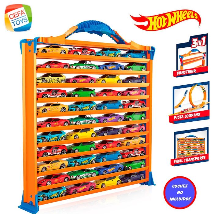 Maletin portacoches hot wheels 3 en 1. guarda 44 coches, con rampas y loop (autos no inlcuidos)30x27x6 cm