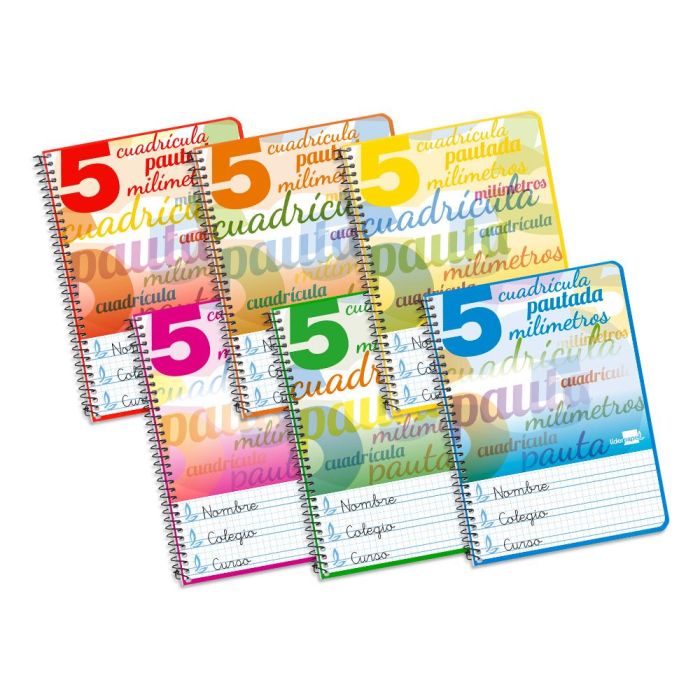 Cuaderno Espiral Liderpapel Cuarto Pautaguia Tapa Blanda 40H 75 gr Cuadro Pautado 5 mm Colores Surtidos 1