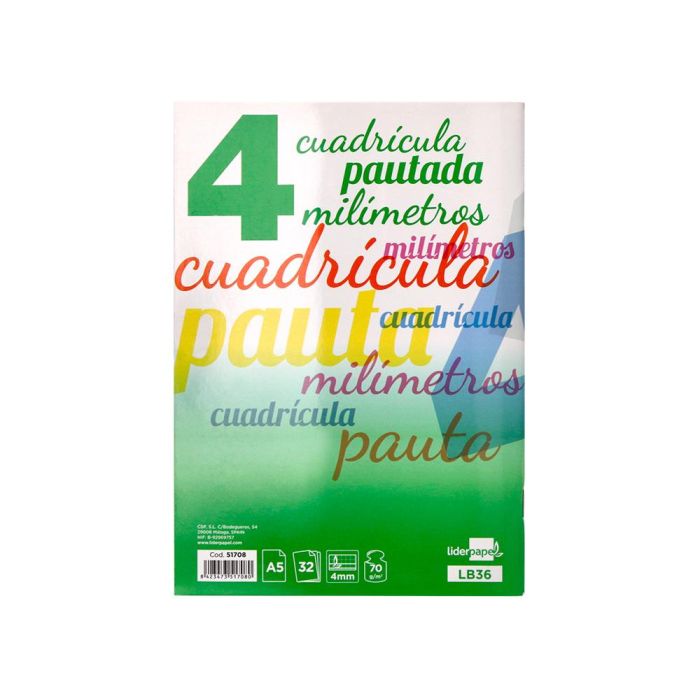 Libreta Liderpapel Pautaguia Tapa Cartoncillo 32 Hojas Din A5 70 gr Cuadriculado Pautado 4 mm 1