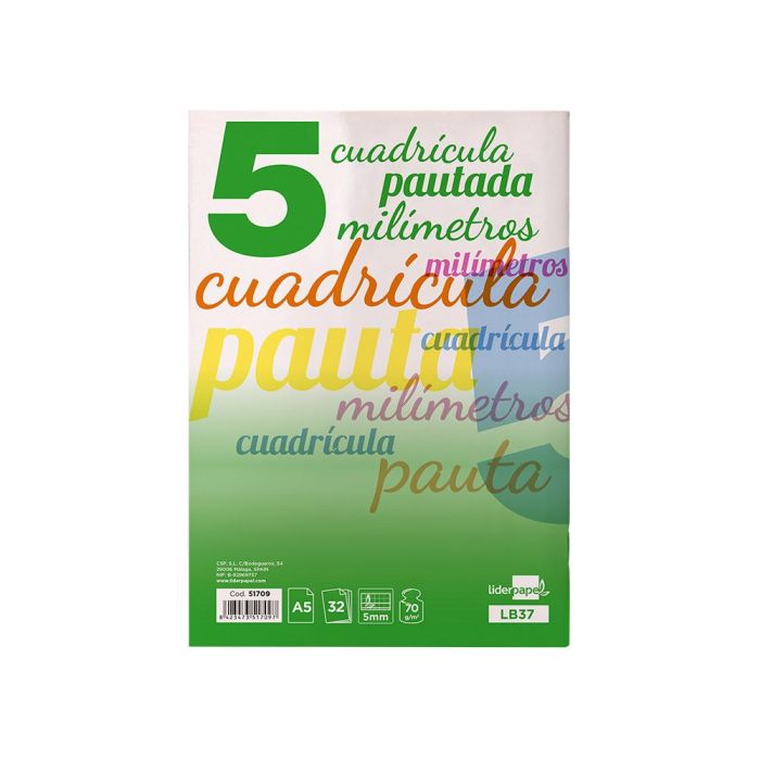 Libreta Liderpapel Pautaguia Tapa Cartoncillo 32 Hojas Din A5 70 gr Cuadriculado Pautado 5 mm 2