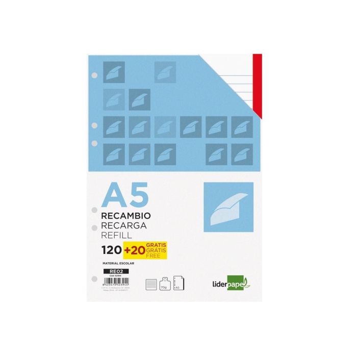 Recambio Liderpapel A5 120 Hojas 80 gr-M2 Horizontal Sin Margen 6 Taladros Bandas De 5 Colores 1