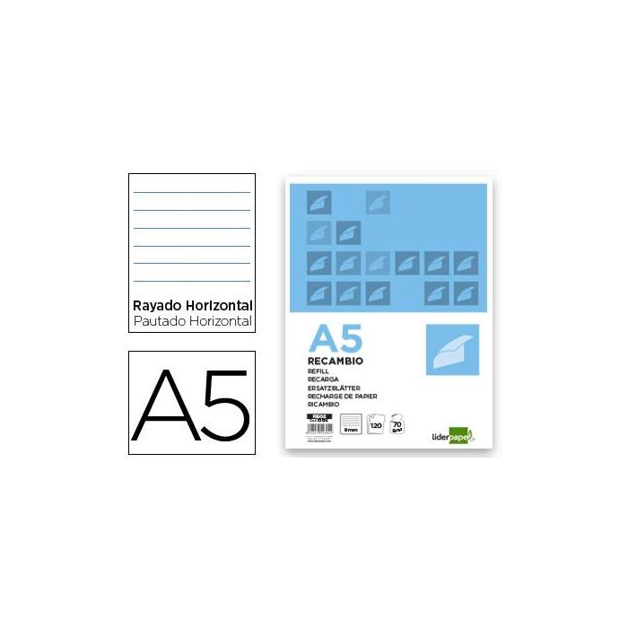 Recambio Liderpapel A5 120 Hojas 80 gr-M2 Horizontal Sin Margen 6 Taladros Bandas De 5 Colores