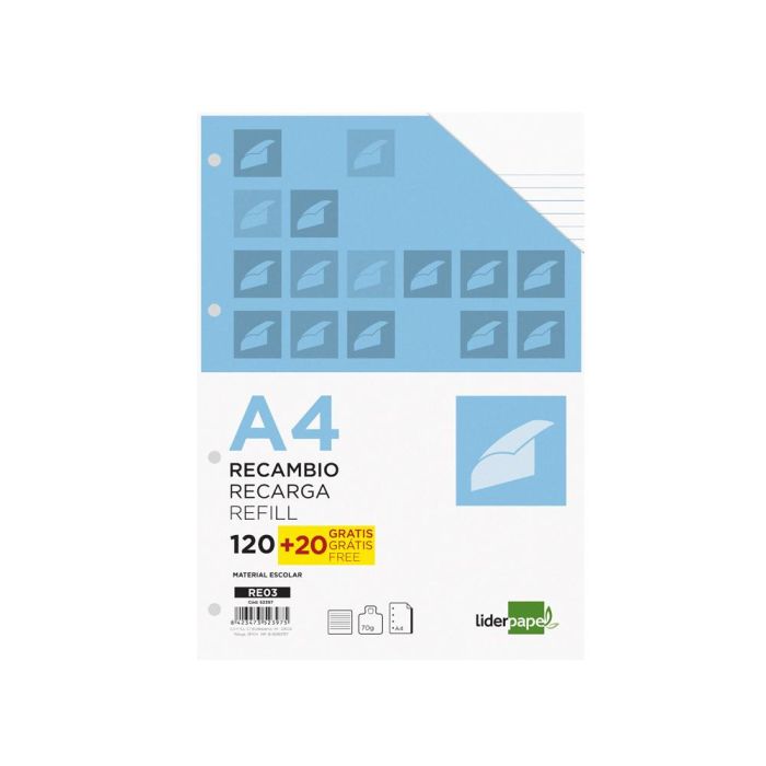 Recambio Liderpapel A4 120 Hojas 70 gr-M2 Horizontal Sin Margen 4 Taladros Bandas De 5 Colores