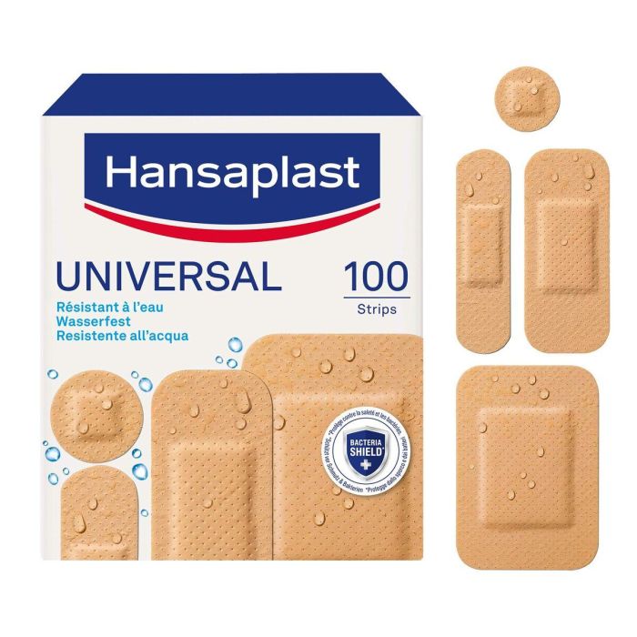 Hansaplast HP UNIVERSAL Apósitos Multitamaño 100 unidades. Protectores y Transpirables. Resistentes al Agua y Suciedad para Uso Diario. 1