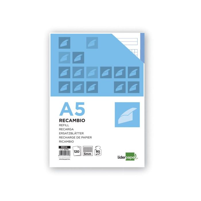 Recambio Liderpapel A5 120 Hojas 75 gr-M2 Cuadro 5 mm Sin Margen 6 Taladros Bandas De 5 Colores