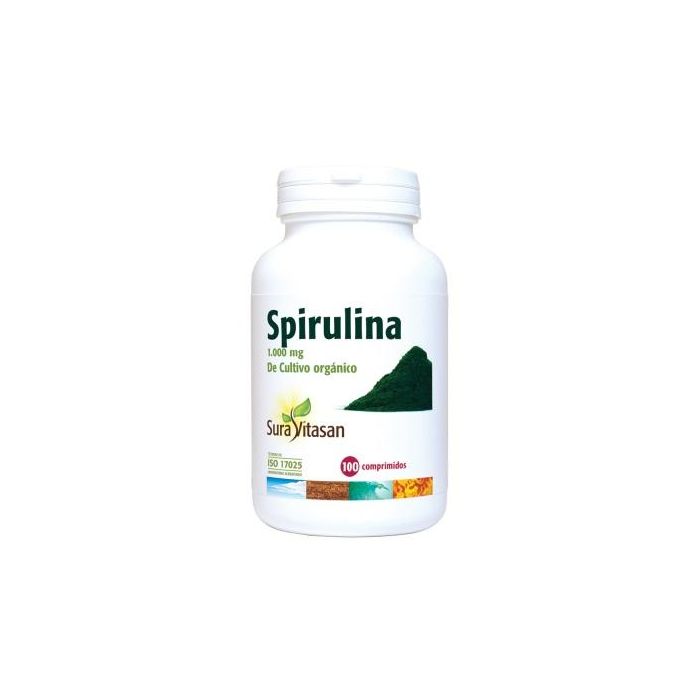 SURA VITASAN Spirulina 100 comprimidos. Complemento alimenticio con 1.000mg de alga espirulina, rico en proteínas y Vitamina B12