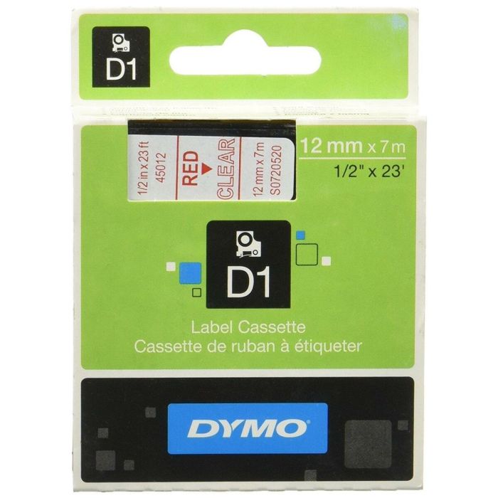 Dymo Cinta De Transferencia Termica D1 45012. Etiquetas Estándar Rojo Sobre Transparente De 12 mmx7M.Poliester Autoadhesiva. Rotuladora Labelmanager