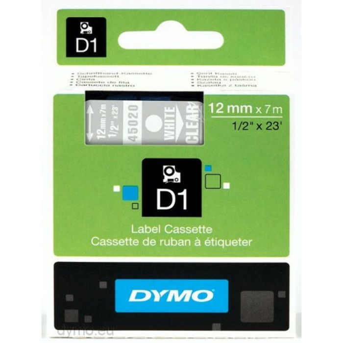 Dymo Cinta De Transferencia Termica D1 45020, Etiquetas Estándar Blanco Sobre Transparente De 12 mmx7M, Poliester Autoadhesiva. Rotuladora Labermanager