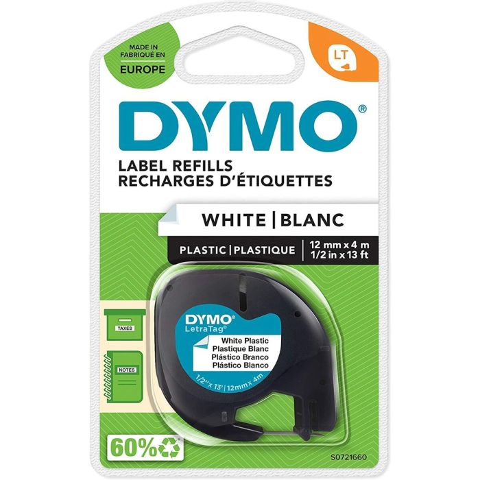 Dymo cinta 91201, negro sobre blanco, de 12mmx4m, de plástico. rotuladora letratag