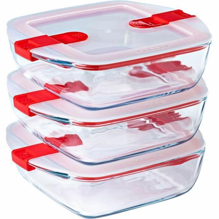 Pyrex PYR3426470284530 Set de 3 fiambreras Cook & Heat de Vidrio Cuadradas con Válvulas de Vapor, Especial Microondas - 1 L