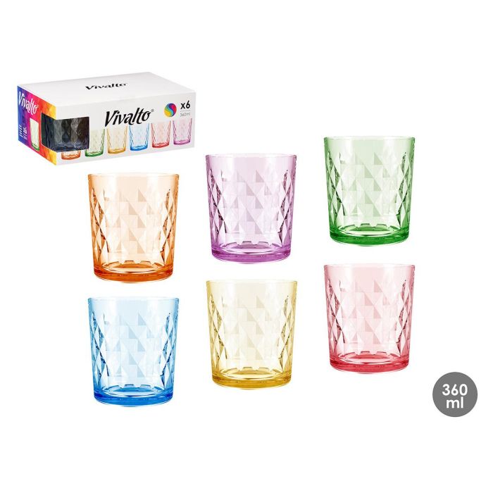 Vivalto Vaso de Vidrio Diamante 360 ml Surtido 6 Colores - Amarillo, Azul, Naranja, Morado, Rosa, Verde 8.5x9.7x8.5 cm (24 Unidades)