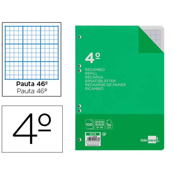 Recambio Liderpapel Cuarto 100 Hojas 60 gr-M2 Rayado Nº 46 6 Taladros