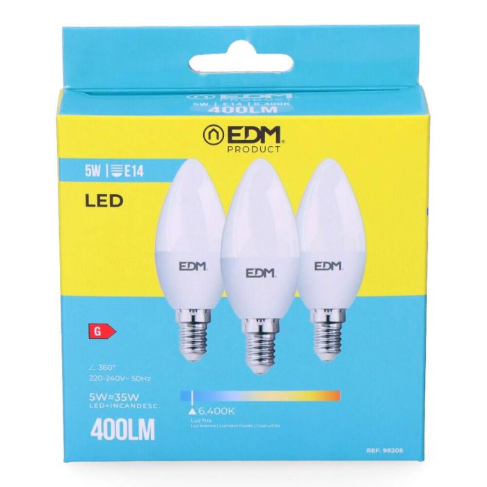 Kit 3 bombillas vela led e14 5w 400lm 6400k luz fria ø3,6x10cm edm 1