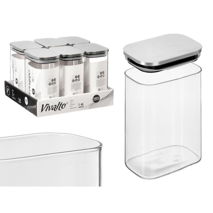 Vivalto Tarro Rectangular de Borosilicato 1,4 L con Tapa de Acero, Vidrio Transparente y Plata 12x15x8 cm (12 Unidades)