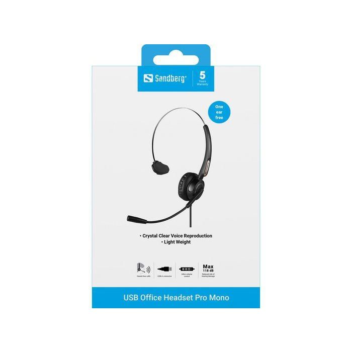 Sandberg USB Office Headset Pro Mono Auricular con Micrófono Flexible para Oficina y Estudio Conexión USB 3