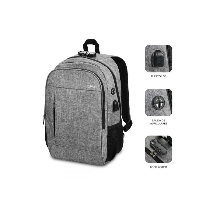 Mochila para Portátil y Tablet con Salida USB Subblim Mochila para Portátil Urban Lock Backpack 16" Grey 1