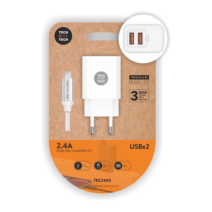 Cargador Tech One Tech 2.4 Doble Usb + Cable Braided Nylon Micro Usb Android Longitud 1 Mt Color Blanco