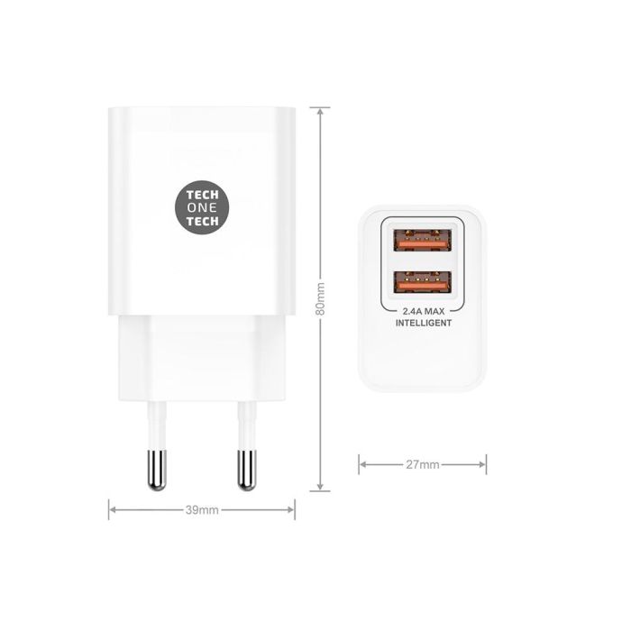 Cargador Tech One Tech 2.4 Doble Usb + Cable Braided Nylon Micro Usb Android Longitud 1 Mt Color Blanco 1