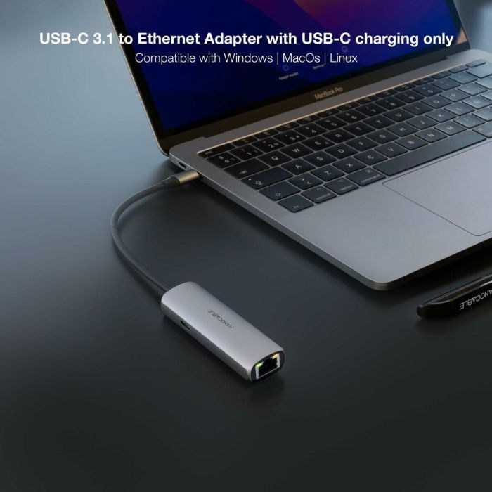 Coolbox Adaptador USB-C 3.1 a RJ45 Gigabit Ethernet con PD 100W para MacBook, iPad Pro, Dell XPS, Samsung Galaxy Gris 18cm 3