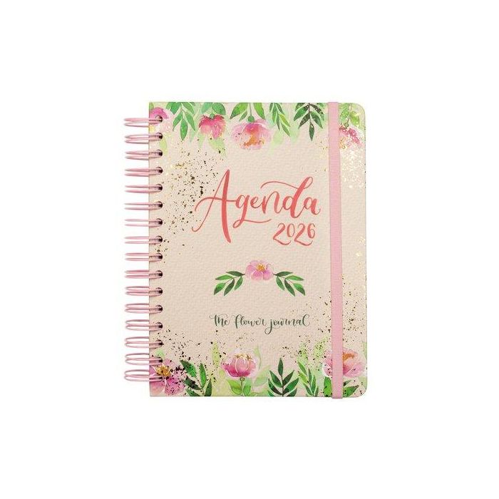 Finocam E10-155x212 mm Agenda Espiral The Flower Journal 2026 1 Día por Página Tapa Dura Rosa DIN A5
