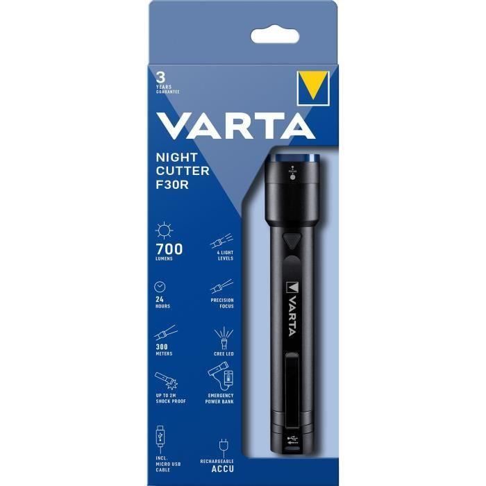 Antorcha-VARTA-Night Cutter F30R-700lm-Ultra potente-Resistente a golpes (2m)-Recargable-Power Bank de emergencia incluida Antorcha-VARTA-Night Cutter F30R-700lm-Ultra potente-Resistente a golpes (2m)-Recargable-Power Bank de emergencia incluida