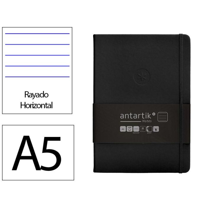 Cuaderno Con Gomilla Antartik Notes Tapa Dura A5 Hojas Rayas Negro 100 Hojas 80 gr Fsc