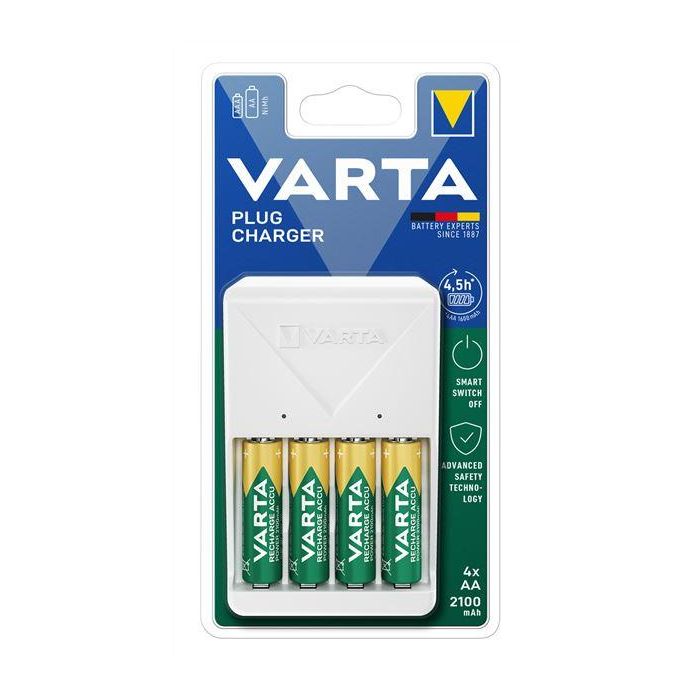 Varta 57657101451 Cargador Pilas 2 o 4 AA/AAA y 4xAA 2100 mAh, Carga Lenta, Voltaje Universal 9