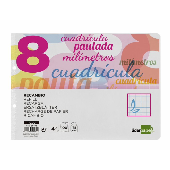 Liderpapel Recambio Cuarto Apaisado Pautaguía 100 Hojas 75gr Cuadriculado Pautado con Margen 6 Taladros 1