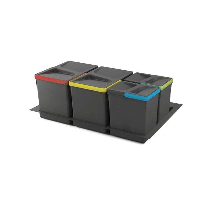 Emuca Kit de contenedores de reciclaje para cajón de cocina con base Recycle altura 266mm, 2x15litros, 2x7litros, módulo 800mm, Plástico gris antracita