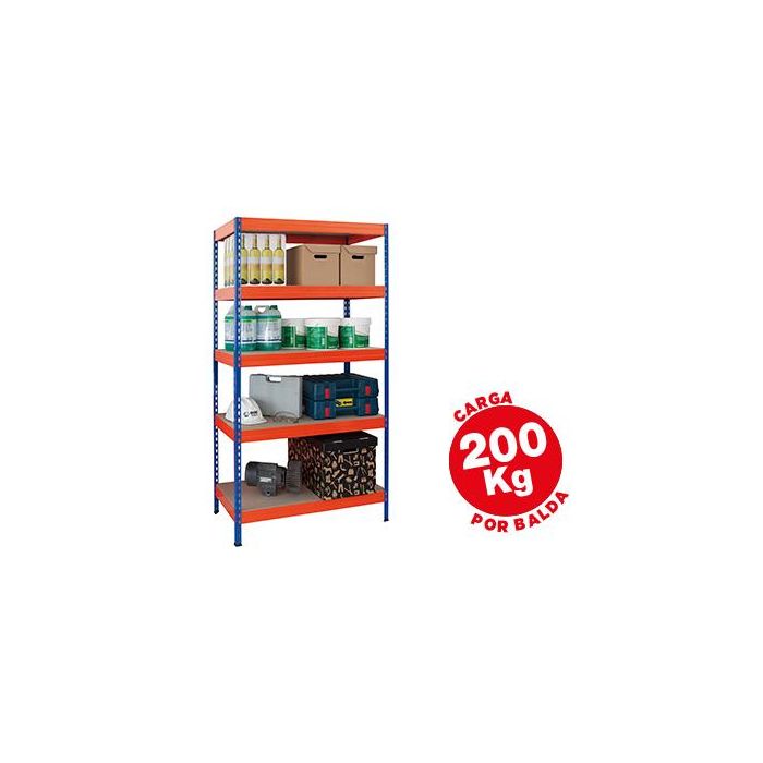 Estanteria Metalica Ar Storage 180x90X45 cm 5 Estantes 200 kg Por Estante Bandejas De Maderasin Tornillos Azul Naranja