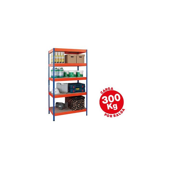 Estanteria Metalica Ar Storage 192x100X50 cm 5 Estantes 300 kg Por Estante Bandejas De Madera Sin Tornillos Azul-Naranja