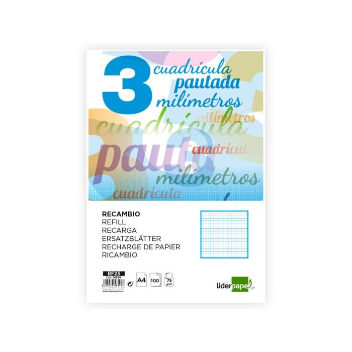 Recambio Liderpapel A4 Pautaguia 100 Hojas 75 gr Cuadriculado Pautado 3 mm Con Margen 4 Taladros 1