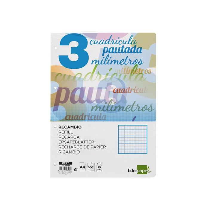 Recambio Liderpapel A4 Pautaguia 100 Hojas 75 gr Cuadriculado Pautado 3 mm Con Margen 4 Taladros 2