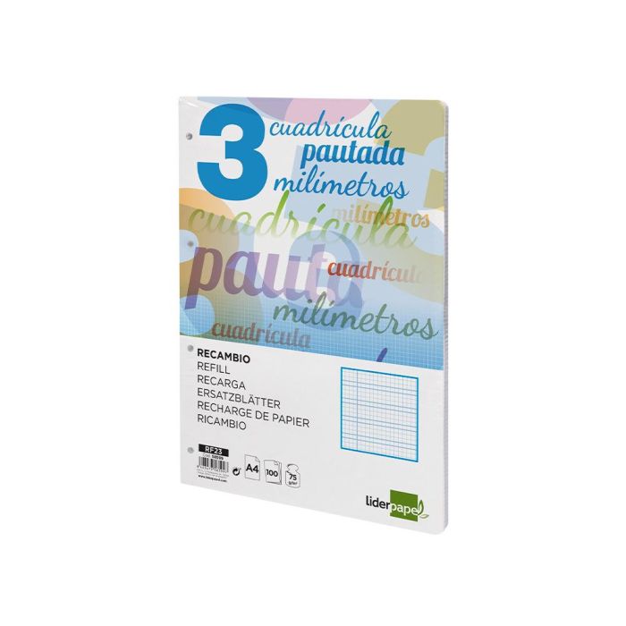 Recambio Liderpapel A4 Pautaguia 100 Hojas 75 gr Cuadriculado Pautado 3 mm Con Margen 4 Taladros 3