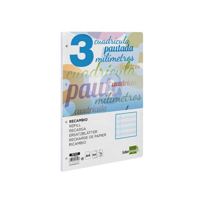 Recambio Liderpapel A4 Pautaguia 100 Hojas 75 gr Cuadriculado Pautado 3 mm Con Margen 4 Taladros 4