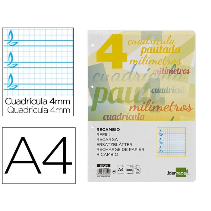 Recambio Liderpapel A4 Pautaguia 100 Hojas 75 gr Cuadriculado Pautado 4 mm Con Margen 4 Taladros