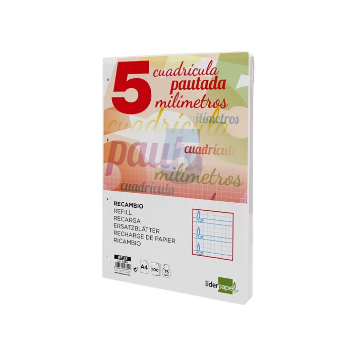 Recambio Liderpapel A4 Pautaguia 100 Hojas 75 gr Cuadriculado Pautado 5 mm Con Margen 4 Taladros 1