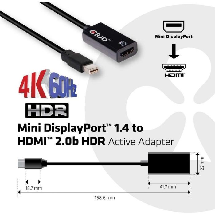 Club3D Adaptador Activo Mini DisplayPort 1.4 a HDMI 2.0b HDR 4K 60Hz - Negro para Windows/Mac 2 Club3D Adaptador Activo Mini DisplayPort 1.4 a HDMI 2.0b HDR 4K 60Hz - Negro para Windows/Mac 2