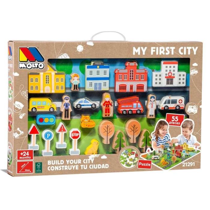 Ciudad bloques madera 55 pcs + puzzle