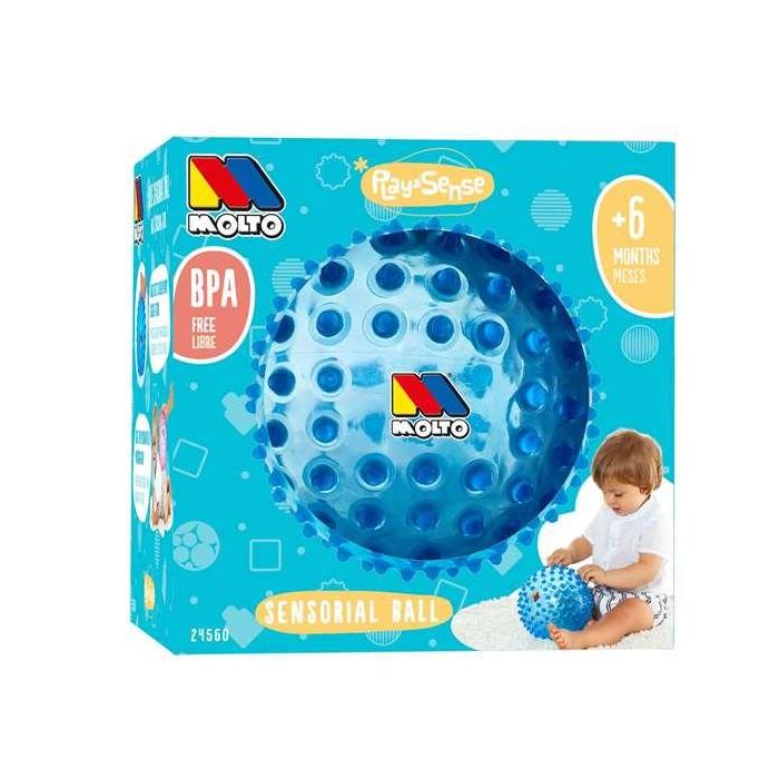 Bola sensorial 20 cm azul. con colores y textura suave para la diversión y aprendizaje de los bebes.