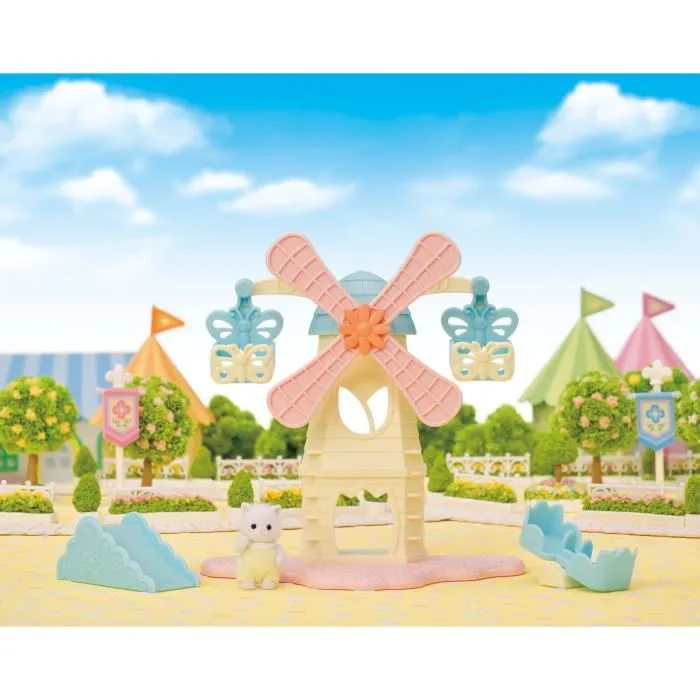 Sylvanian Families El molino de viento de los bebés con gato persa, tobogán, columpio y gateras giratorias para jugar 2