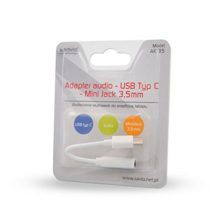 Adaptador USB C a Jack 3.5 mm Savio AK-35 Blanco 0,12 m 1